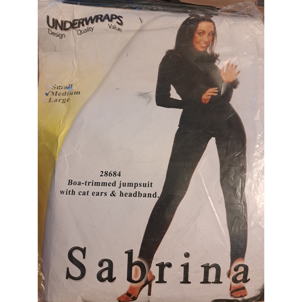 Underwraps Sabrina Black Boa Trimmed Jumpsuit Cat Costume 28684 Medium New